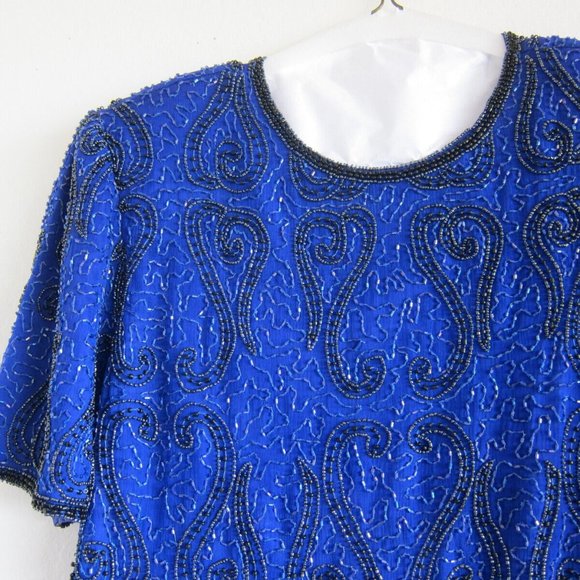 Vintage STENAY deep blue evening or cocktail beaded top, size Medium - Picture 2 of 5